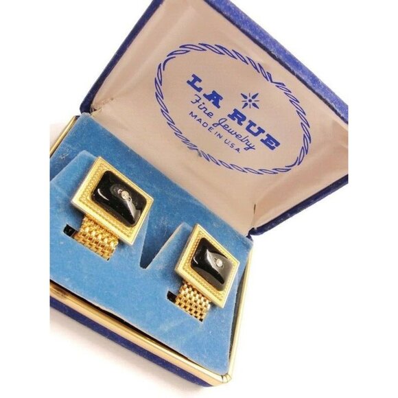 La Rue Mesh Rectangle Vtg Cufflinks Black & Gold Tone Tux Wedding Formal IOB - Picture 1 of 12